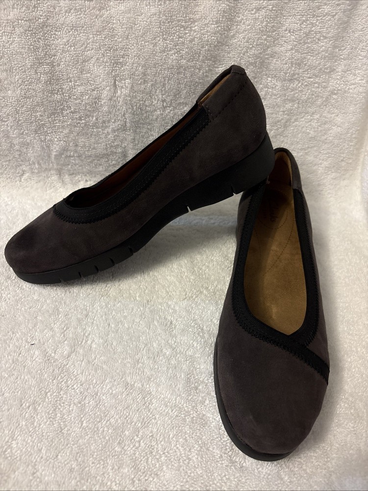 Women’s Clarks Artisan Slip On Comfort Wedge Shoes Plum & Black Suede, 7.5 W