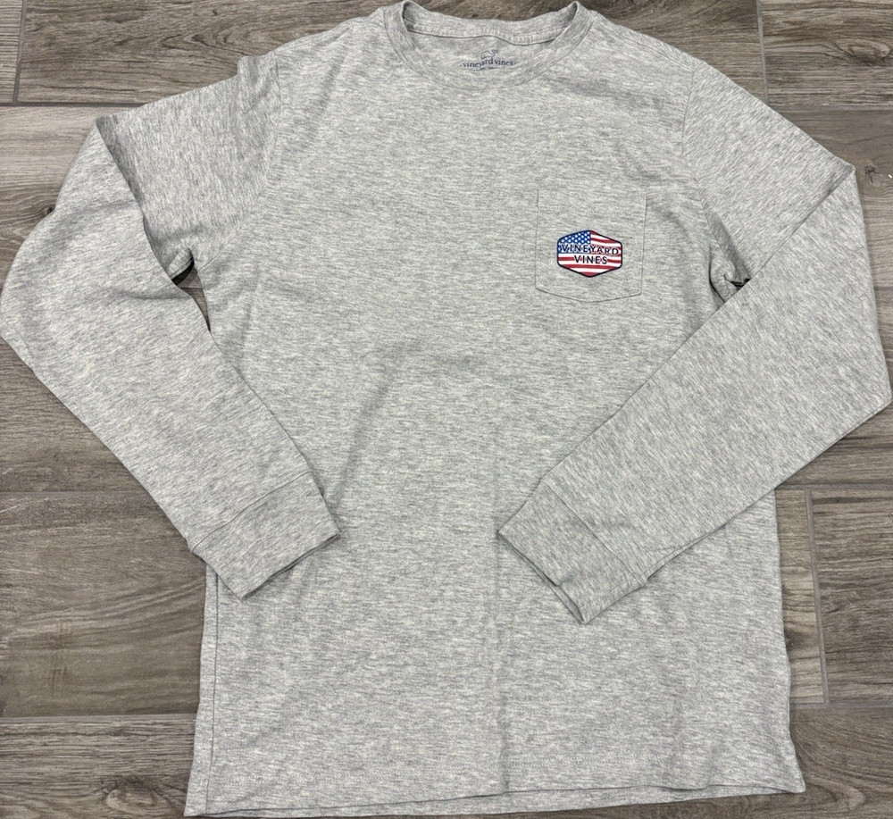 Vineyard Vines Gray Boy’s Long Sleeve USA Crew Neck Cotton Knit Tee M (12-14)