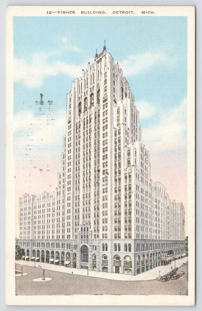 Linen~Fisher Building on Corner Detroit Michigan~Vintage Postcard