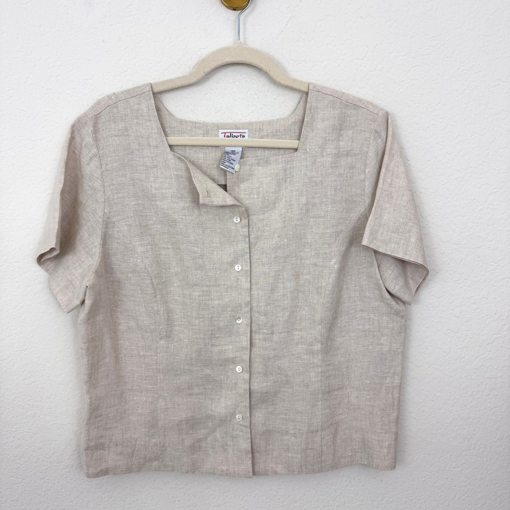 Talbots Womens Vintage Button Shirt Top Size 14P 100% Irish Linen Summer Neutral