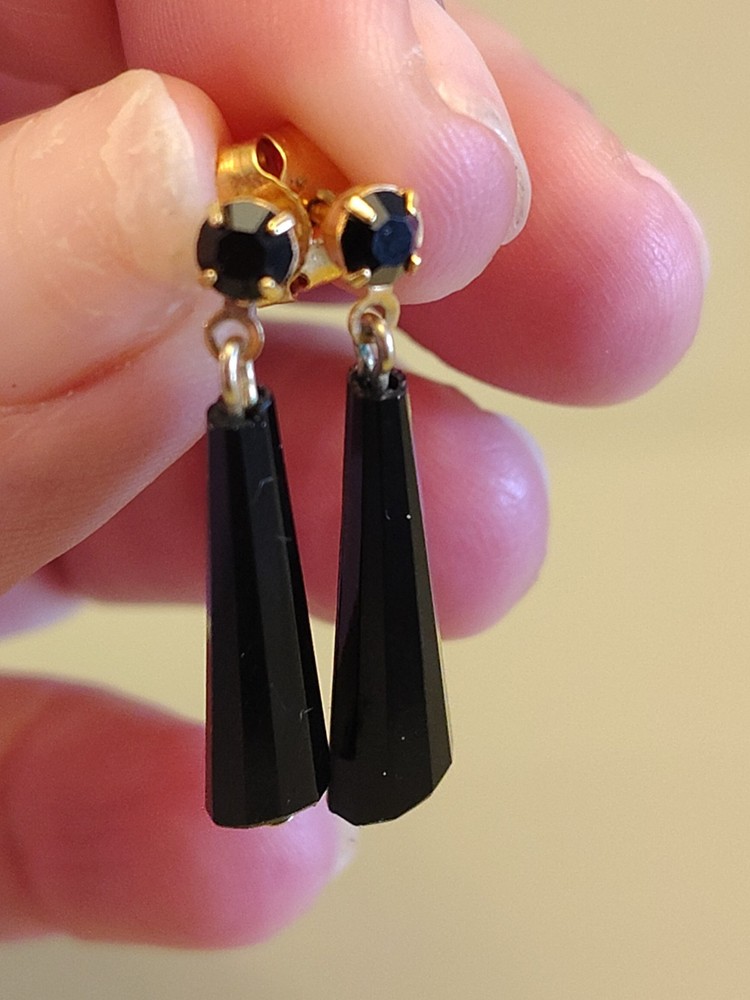 Vintage Black And Gold Cone Shaped Dangle Screw Back Earrings For Pierced Ears