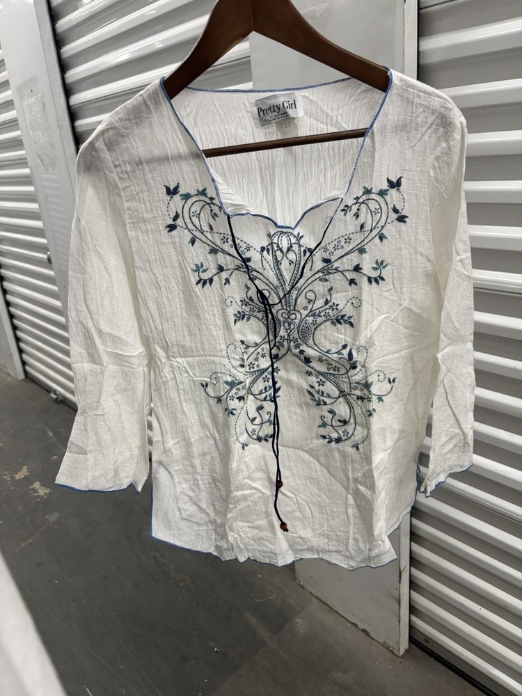 PRETTY GIRL Boho Embroidered Peasant Blouse White Cotton Tunic Top Cream Brown M