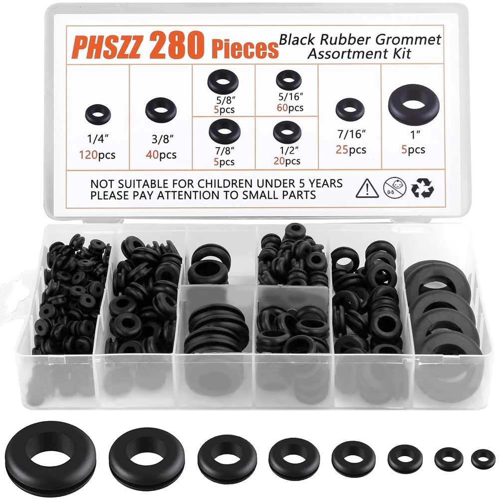 280-Piece Rubber Grommet Kit for Wiring - 8 Sizes, Auto Car Firewall Protection