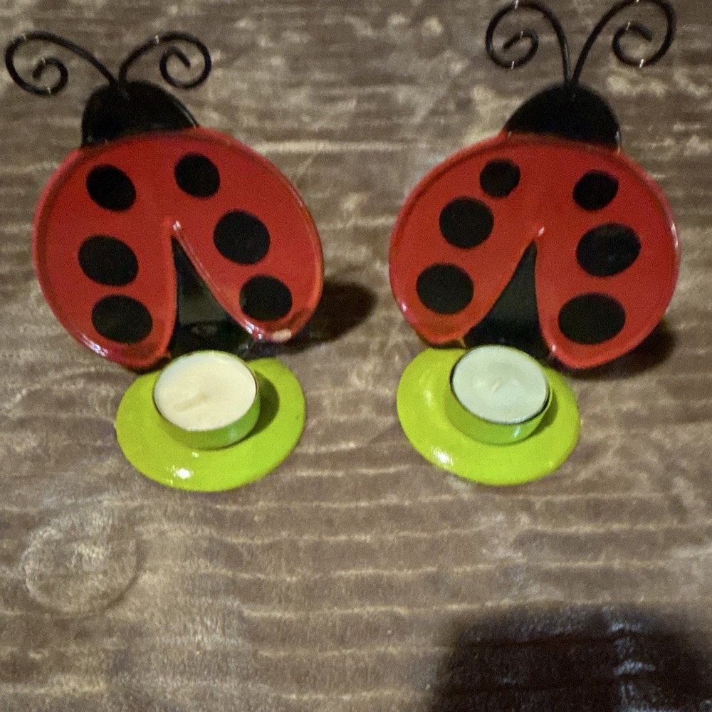 Set of 2 Ladybug Metal Tea Light Candle Holders Red/Black/Green Polka Dot