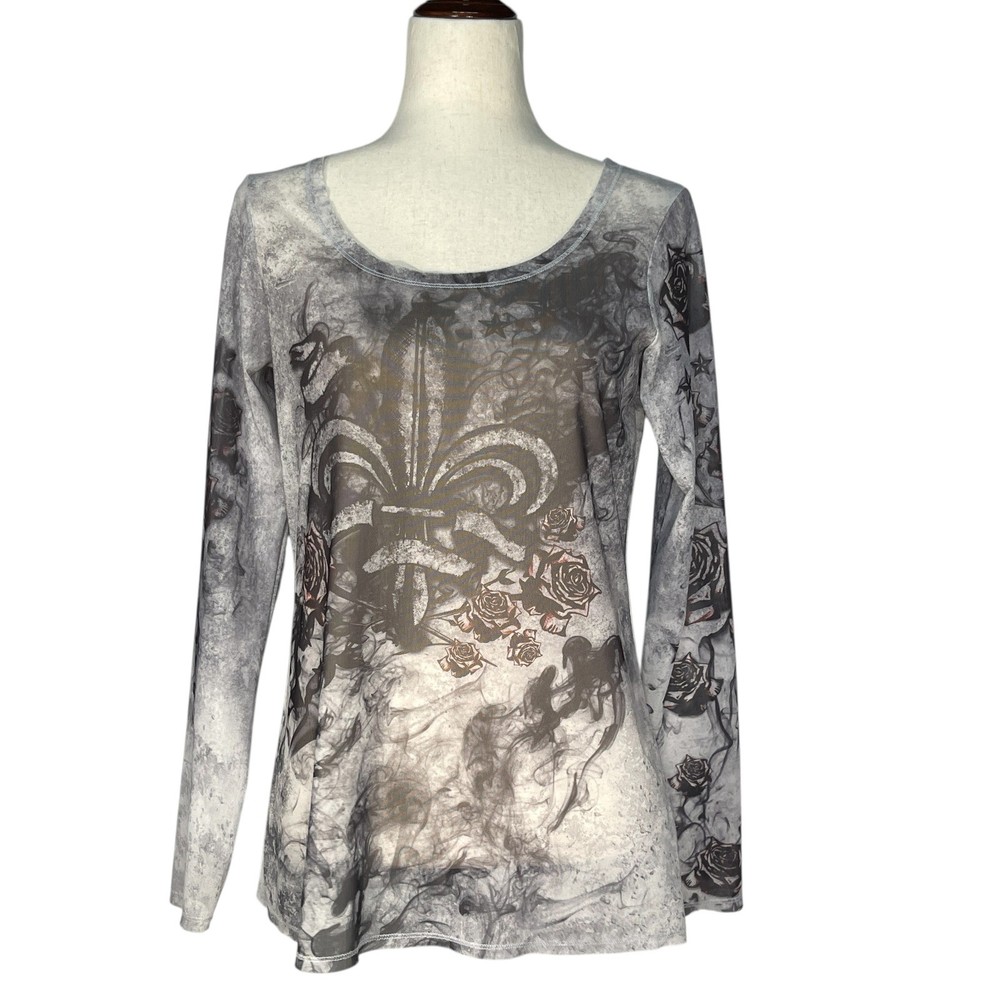 Rock & Republic Gray Fleur de Lis Rose Wings Sheer Long Sleeve Top
