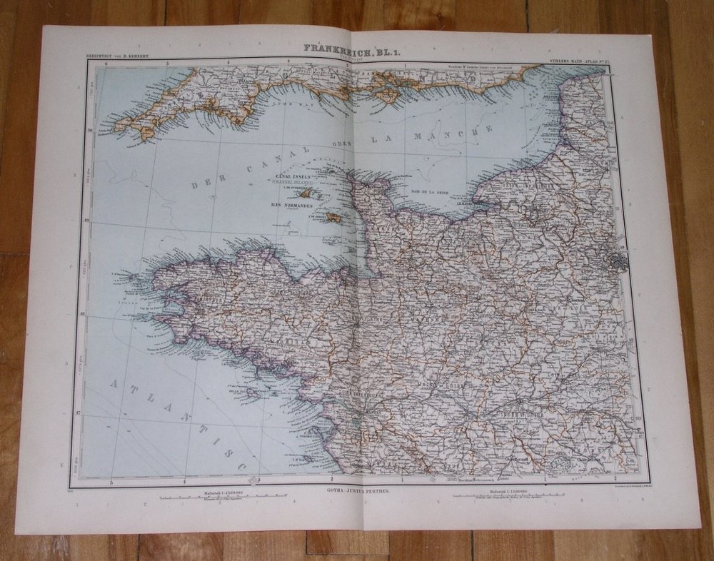 1908 Original Antique Map Of Bretagne Brittany / Normandie Normandy / France