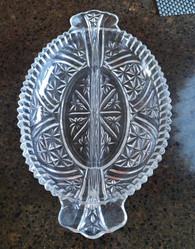 Vintage Anchor Hocking Glass Divided Oval Pickle / Olive Dish Clear Handles