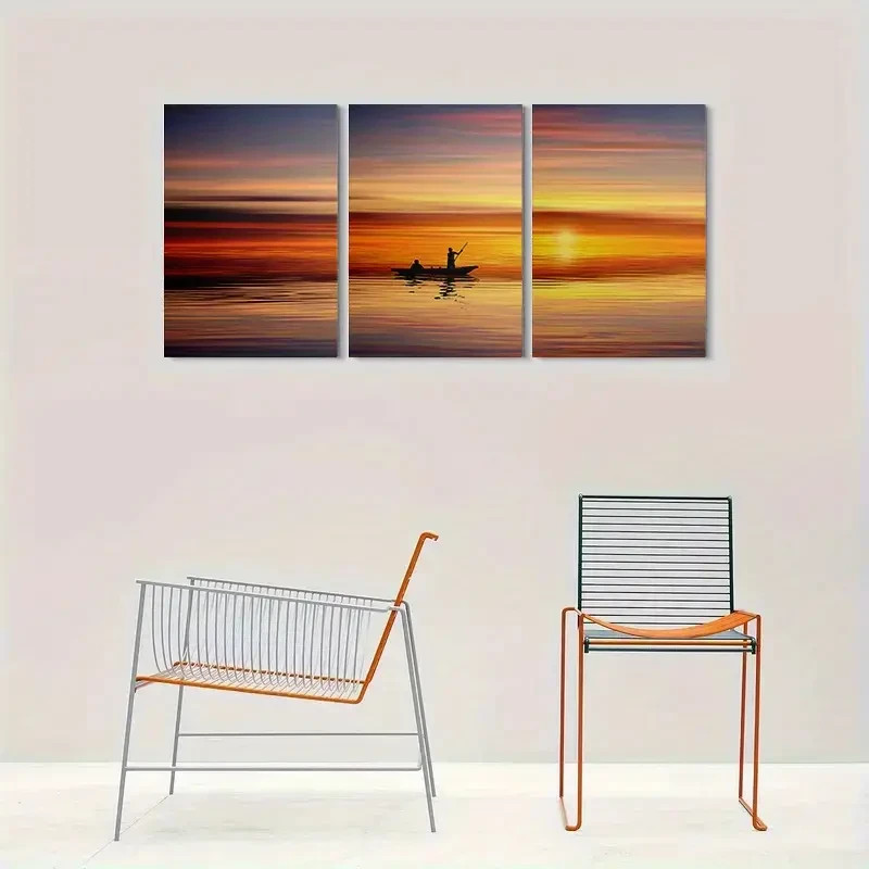 3pcs Sunset Serenity Fishing Boat Metal Print  Ready to Hang Art