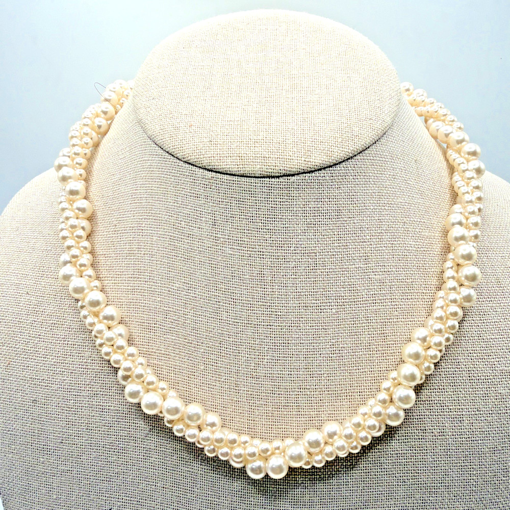 Vintage Faux Pearl Layered Three Strand Necklace Champagne Toned Signed RMN