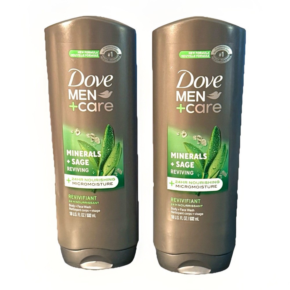 (2) Dove Men+ Care Micro Moisture Mineral & Sage Body & Face Wash-18oz. Each