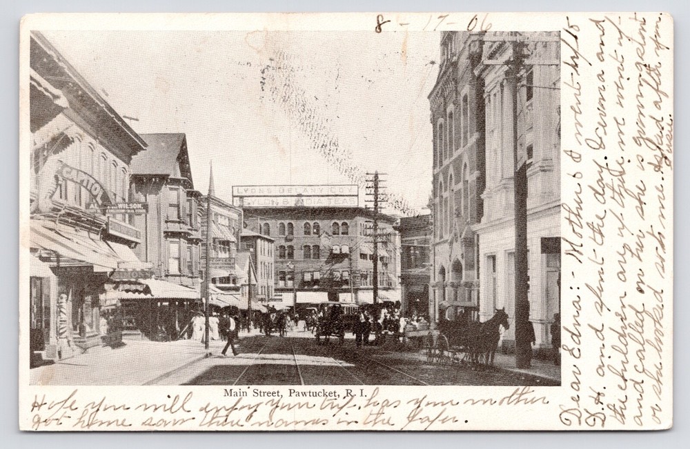 1906~Pawtucket Rhode Island RI~Main Street~Lyons Delany Co Tea~Antique Postcard
