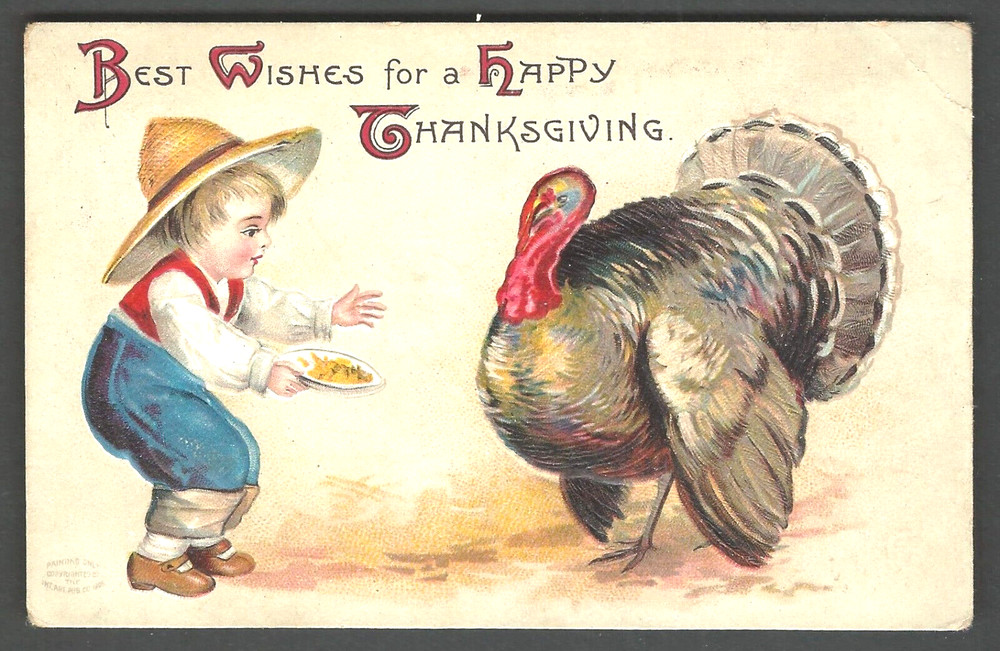 THANKSGIVING Boy & Turkey EMBOSSED 1908 Int’l Art Pub. Co. Divided Back Postcard