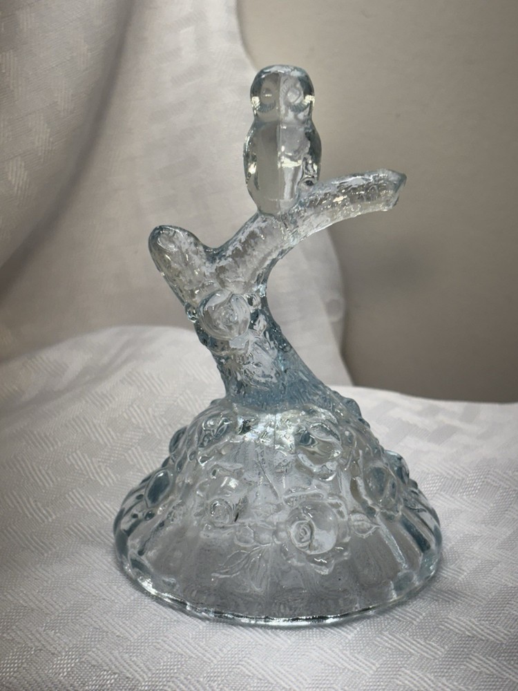 Fenton Lt. Blue Glass Owl on Branch Cabbage Rose Ring Holder