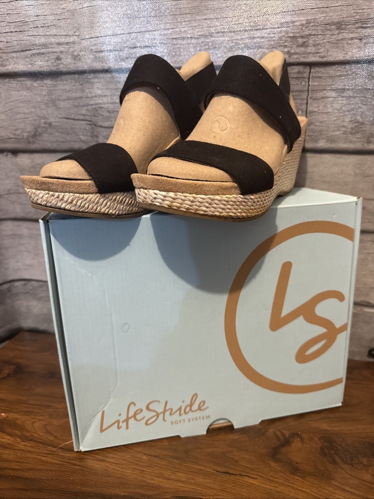 LIFE STRIDE Womens Black Slingback Delta Toe Wedge Slip On Sandals Shoes 9 M