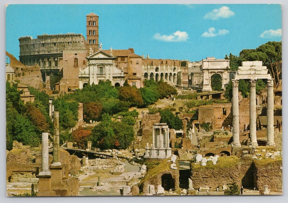 Vintage Roman Forum Rome Italy Postcard Panoramic View Ancient Ruins Colosseum