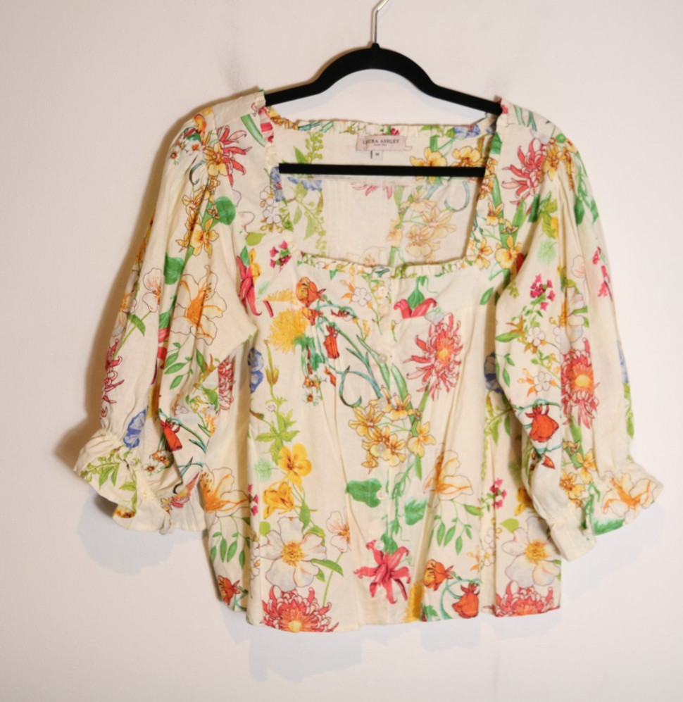 Laura Ashley Floral Linen Boho Blouse Medium Square Neck Puff Sleeve Cottagecore