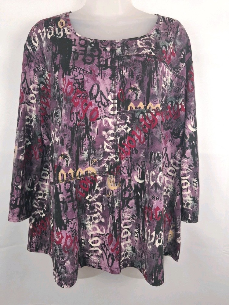 N Touch XL Blouse Top Womens Purple Graffiti Abstract Print 3/4 Sleeve-image