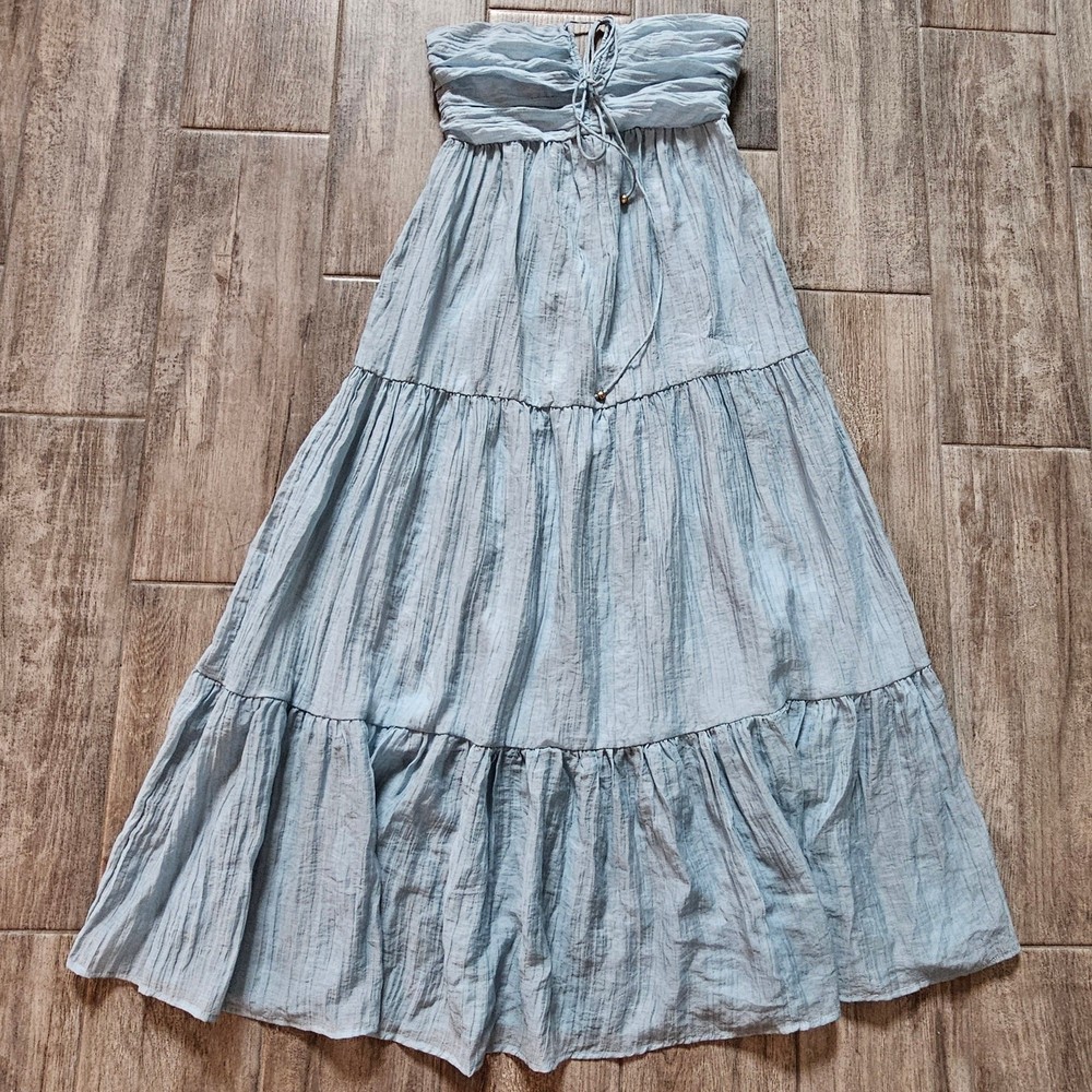 Selfie Leslie Maxi Dress Women’s M Ice Blue Crinkle Halter Boho Resort Beach