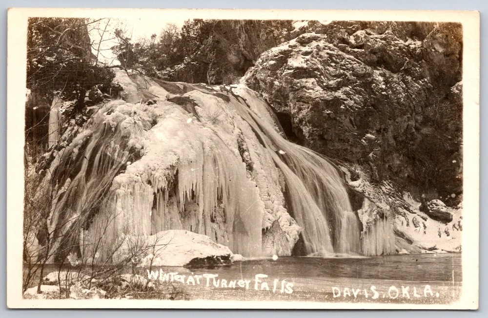 RPPC~Davis Oklahoma~Winter @ Turner Falls Waterfall Park~Real Photo Postcard
