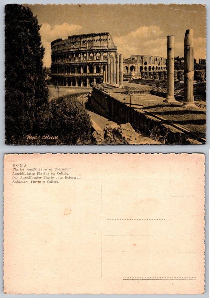 Vintage Sepia Postcard Rome Italy Colosseum Ancient Roman Landmark Scalloped