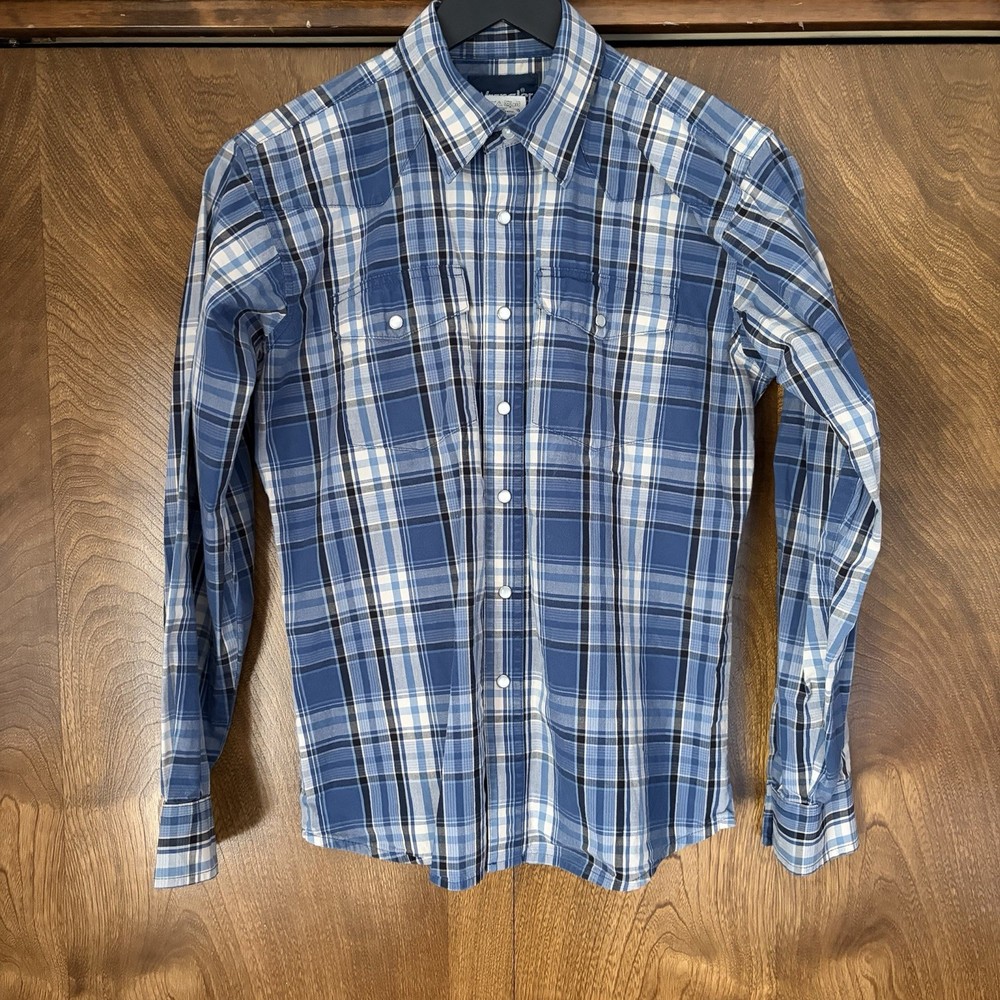 Wrangler Boys XL 14-16 Blue Plaid Pearl Snap Long Sleeve Button Up Shirt Western