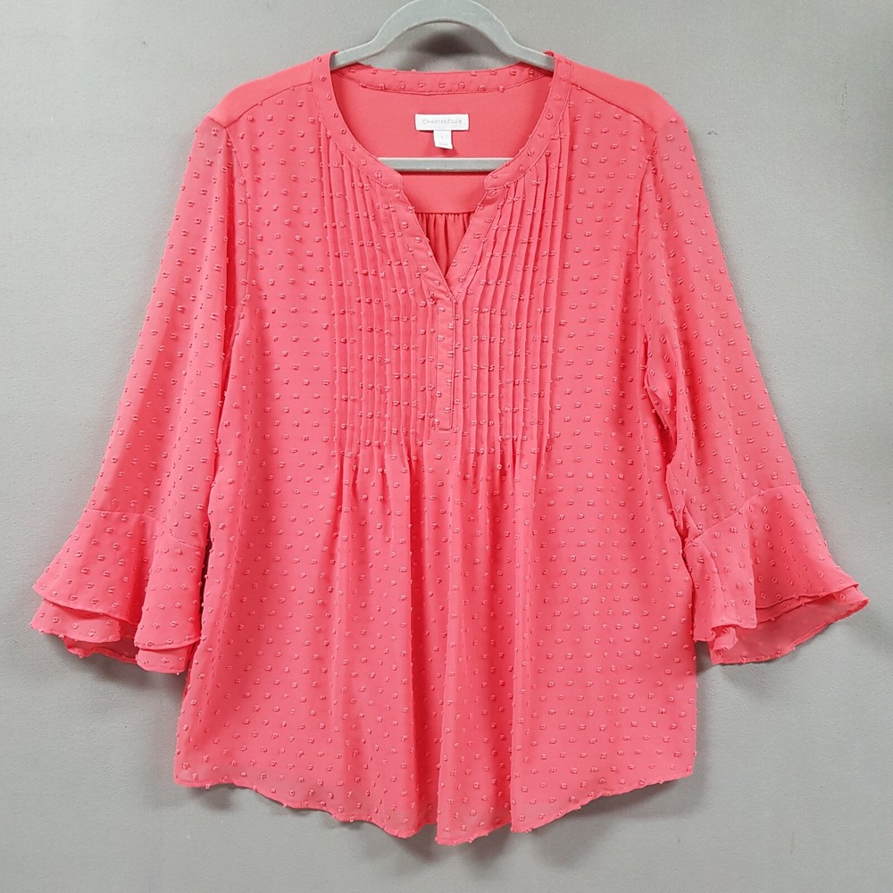 Charter Club Top Women Large Coral Pintuck Clipdot Textured Chiffon Ruffle