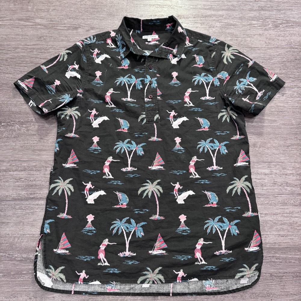 Banks Journal Shirt Men Small Black Hawaiian Aloha Collar Surf Palm Cotton Camp