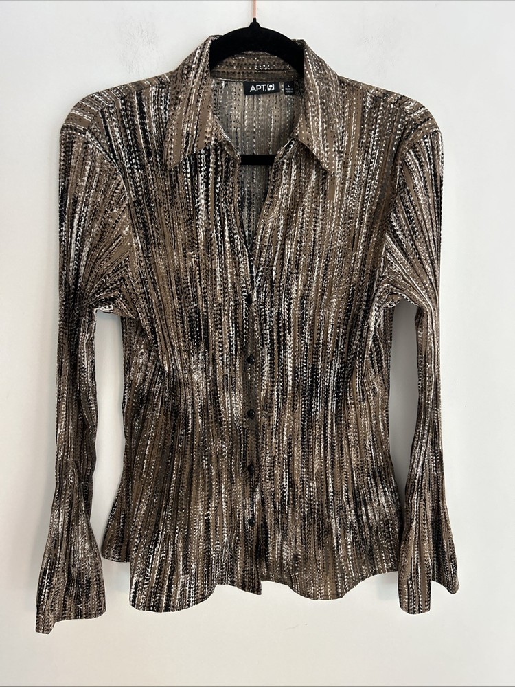 Apt 9 Women's Large V-Neck Flared Long Sleeves Brown Black Pleaded Texture Blous