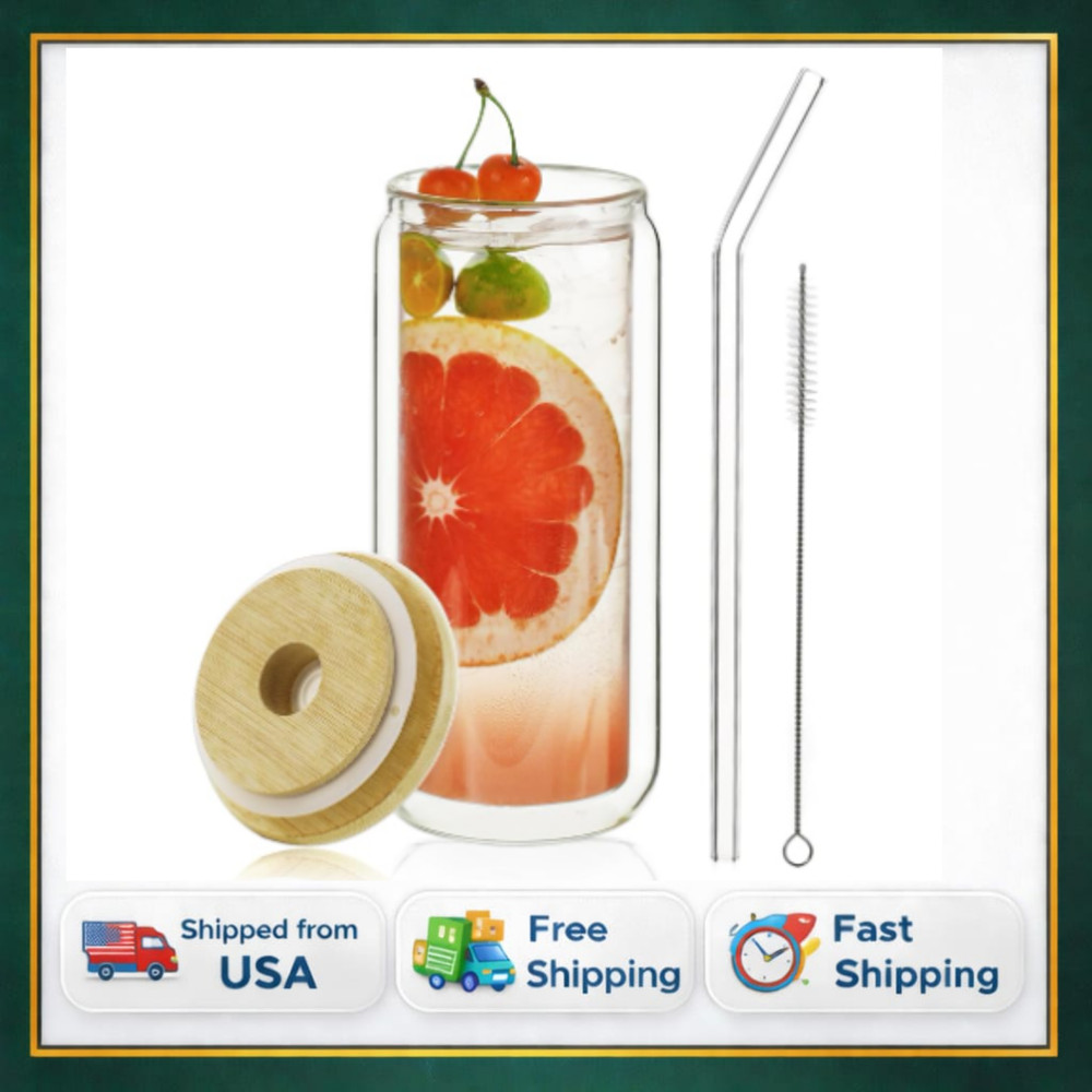 16oz Double Wall Drinking Glass Tumbler with Bamboo Lid Straw Reusable Cup