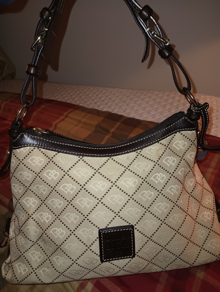 EUC Dooney & Bourke Beige Monogram Canvas Brown Leather Hobo Shoulder Bag Purse