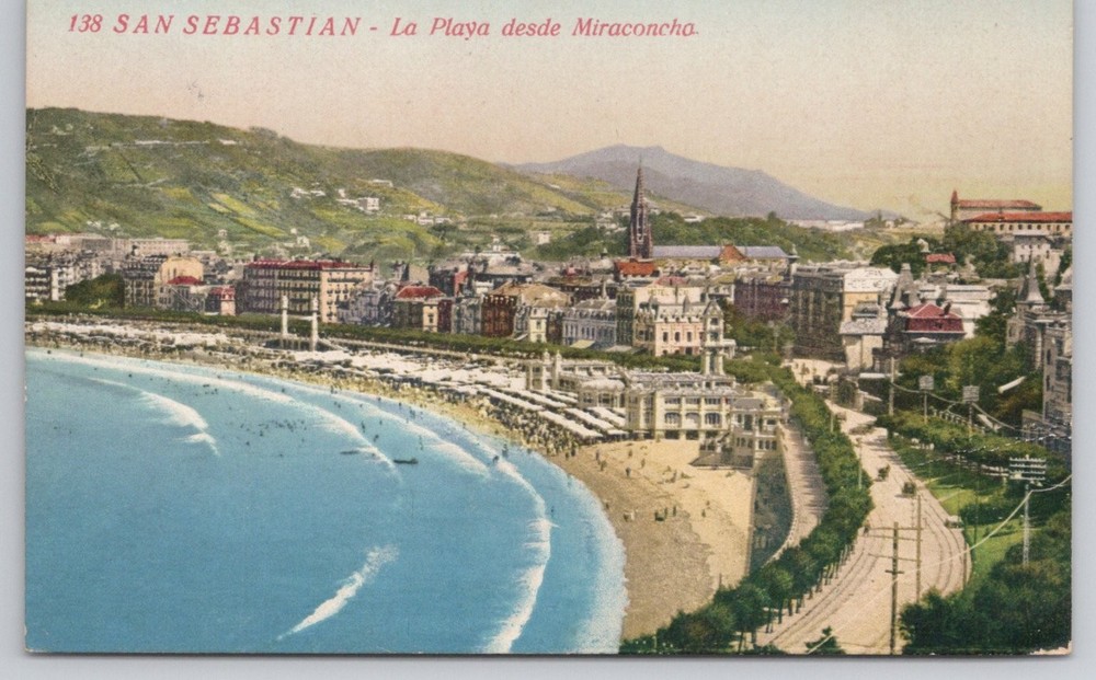 San Sebastian Spain Miraconcha Beach Panoramic View Vintage Postcard