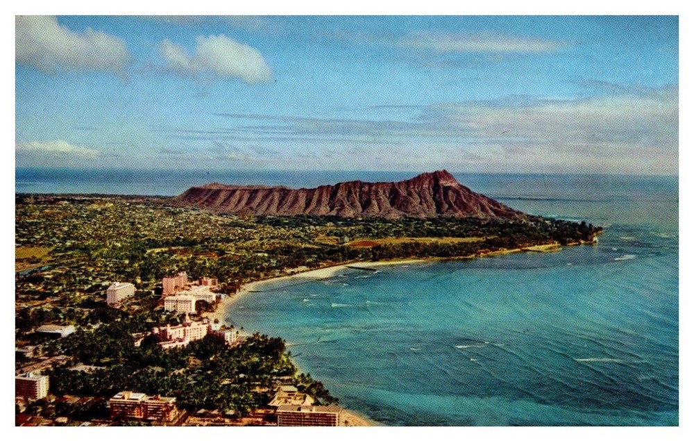 1960s Aerial View of Waikiki Beach & Diamond Head Hawaii Vintage Postcard