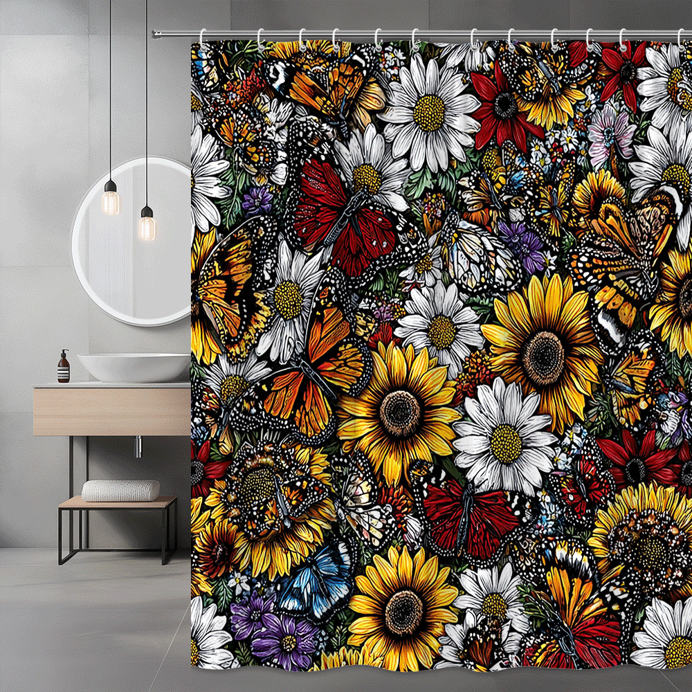 Butterfly Floral Shower Curtain Sunflower Daisy Print