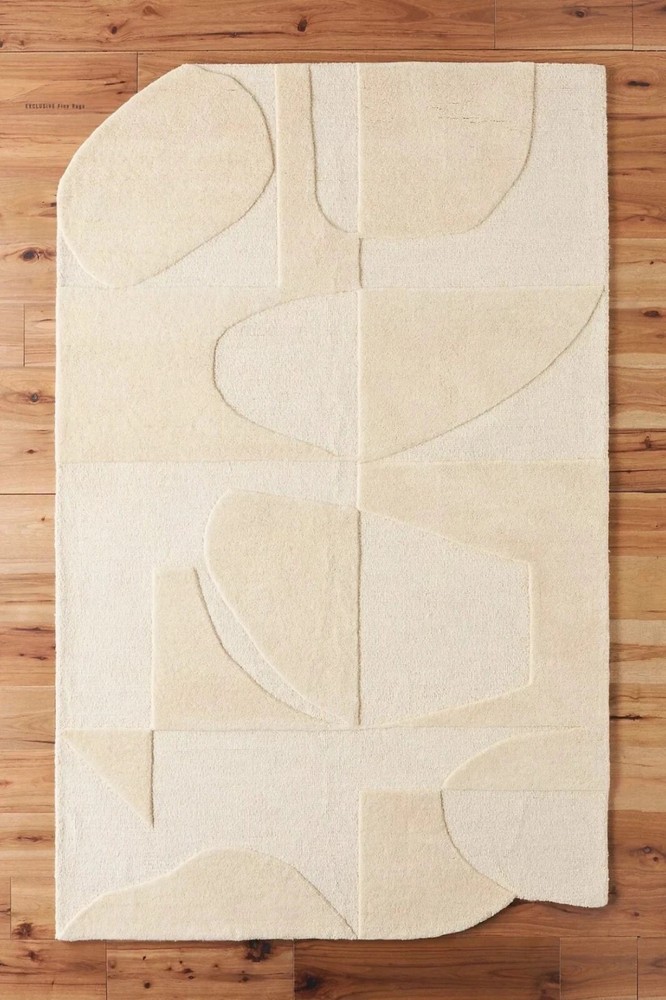 Off White Curved Hand Tufted Modern Handmade Wool Rug'