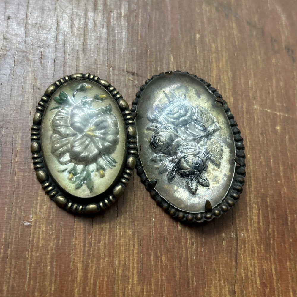 2 VTG Antique Goofus Glass Reverse Painted Flower Intaglio Brooch Art Nouveau