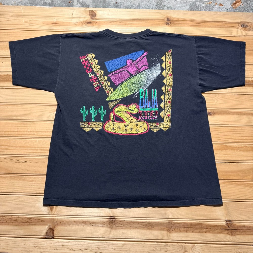 Vintage 80s Baja Surf Company Neon Rattlesnake Cactus Western T-Shirt - Large