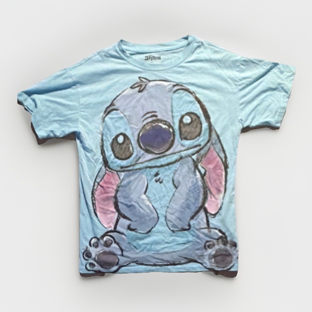 Disney Women's Stitch Blue Graphic Print Crew Neck Short Sleeve Knit T-Shirt S