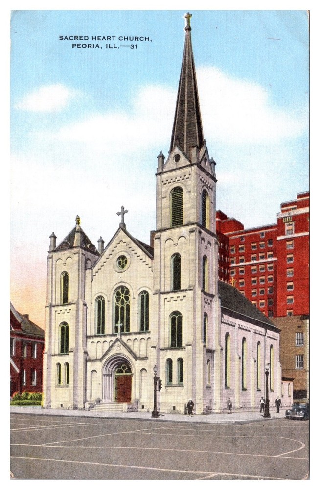 Sacred Heart Church Peoria IL Vintage Postcard E.C. Kropp Natural Color