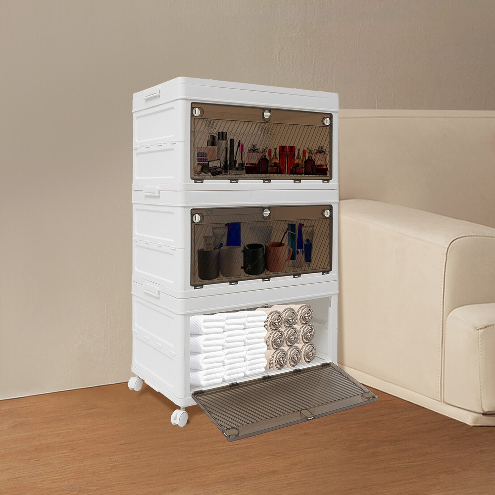 3-Tier Foldable Stackable Storage Organizer with Wheels for Clothes
