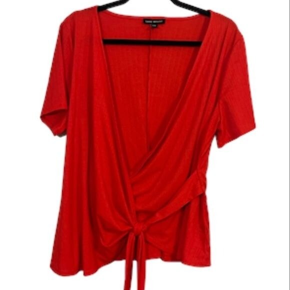 Lane Bryant Top Women 14 Red Wrap Waffle Festive Summer Feminine Retro Boho 80s