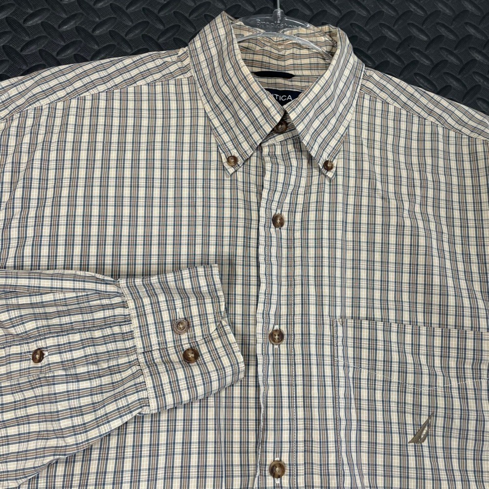 Nautica 80's Two Ply Cotton Light Brown Checkered Button Up Dress Shirt Men's M