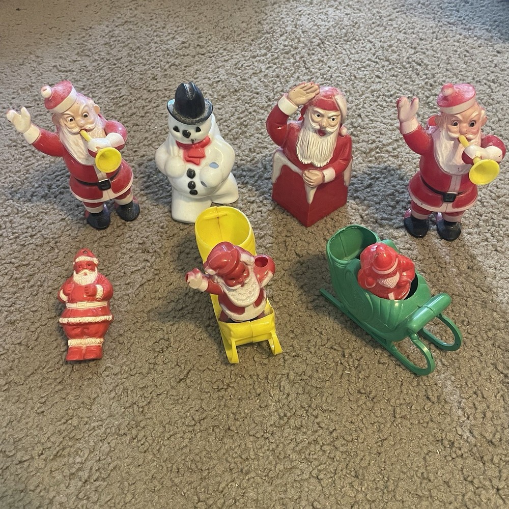 Vintage 1950s Rosbro Hard Plastic Christmas Santa Lot And Snowman Candy Holders