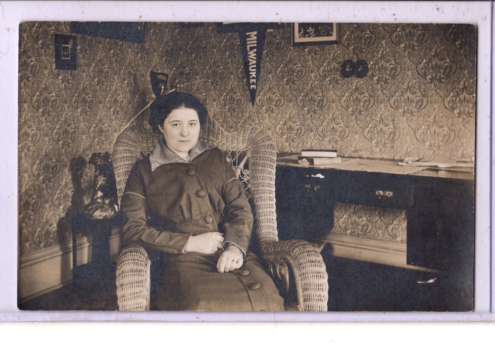 Real Photo Postcard RPPC Woman Wicker Chair Milwaukee