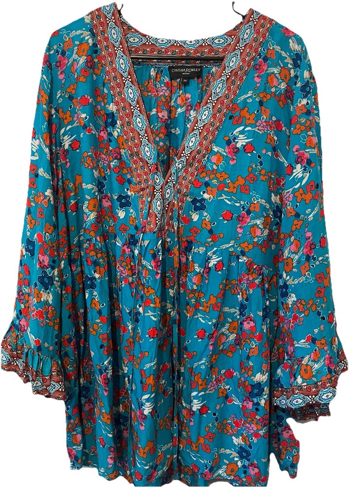 Cynthia Rowley 2X Boho Floral Tunic Top Teal Bell Sleeve Peasant Blouse Plus Sz
