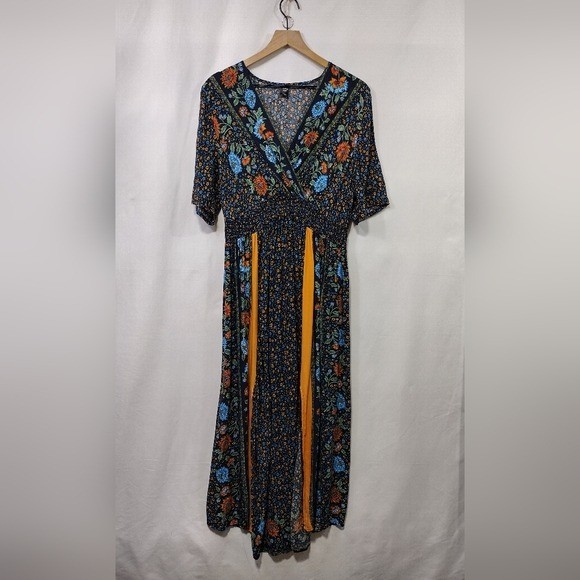 Shein Curve Floral Maxi Dress Women's XL Blue Cottagecore Peasant Boho Retro