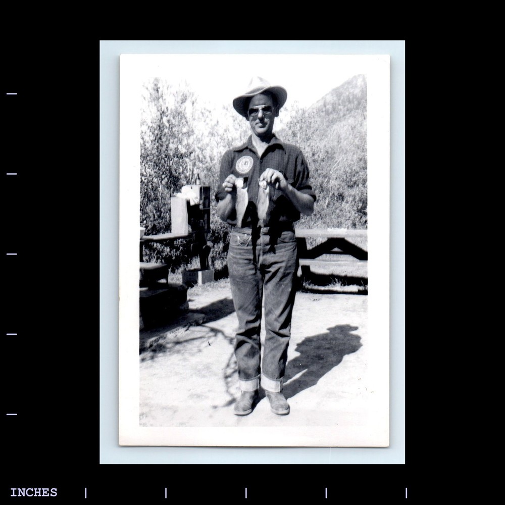 Old Vintage Photo MAN HOLDING FISH CAUGHT FISHING HAT SUNGLASSES