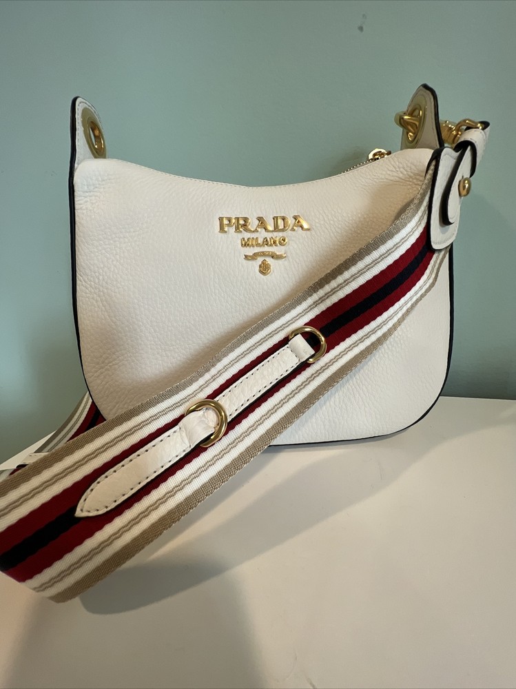 Prada Vitello Phenix White Leather Web Strap Crossbody Bag