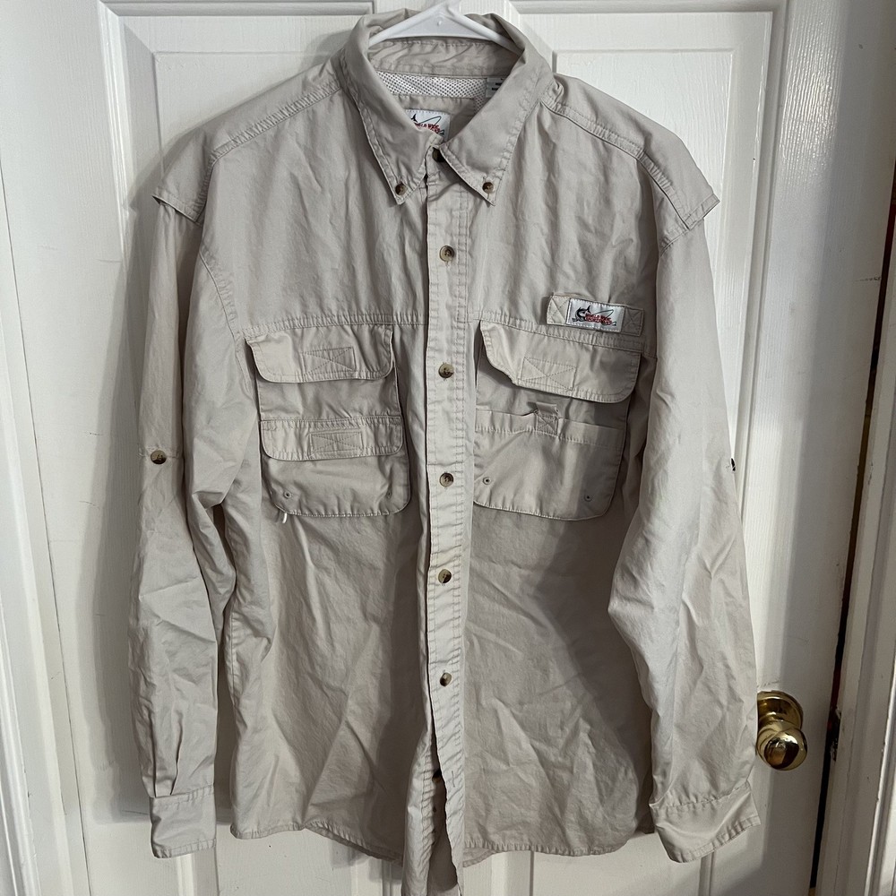 Men’s Fishing Shirt Worldwide Sportsman ventedOutdoor  L Tan Roll Tab
