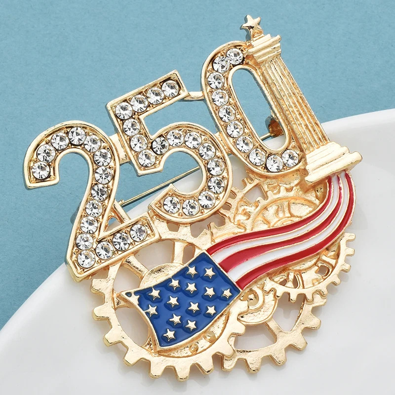 American Flag Brooch Pin Rhinestone Gold Tone Enamel Patriotic Jewelry Gift USA