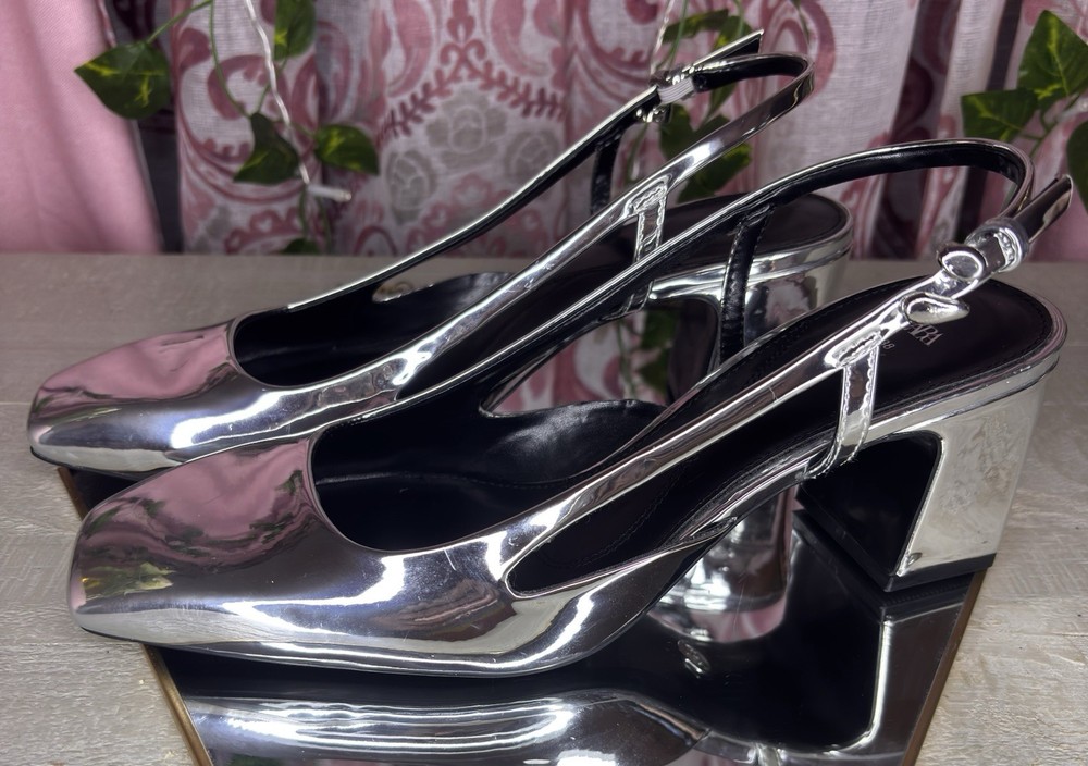Zara Women's Metallic Silver Block Slingback Heels Size 7.5/38